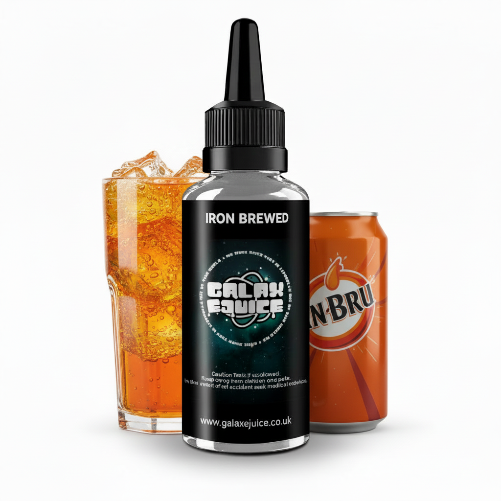 Bottle of Galax-E-Juice Iron Brewed E-Liquid 100ml Shortfill with Iron Brew cans on a white background