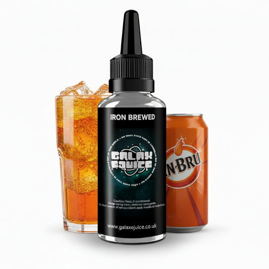 Bottle of Galax-E-Juice Iron Brewed E-Liquid 100ml Shortfill with Iron Brew cans on a white background