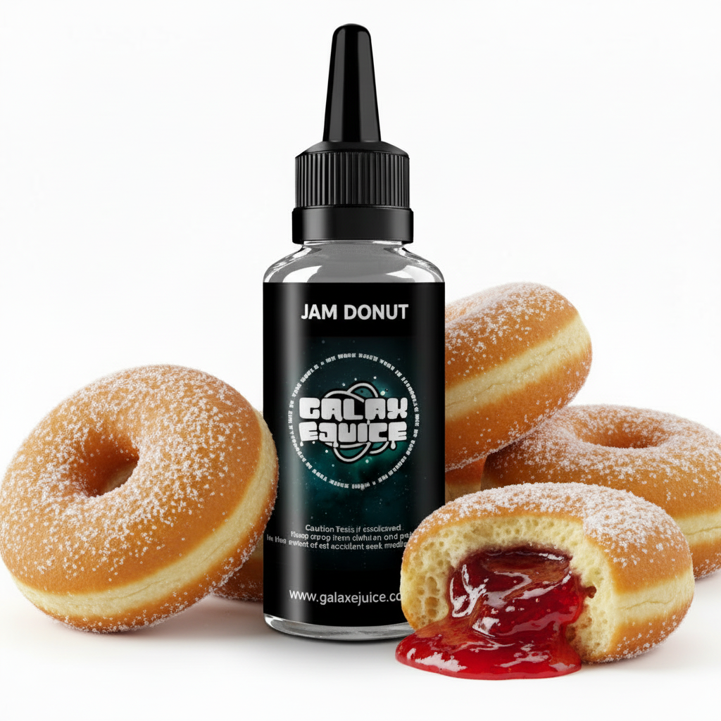 Bottle of Galax-E-Juice Jam Donut E-Liquid 100ml Shortfill with jam donuts on a white background