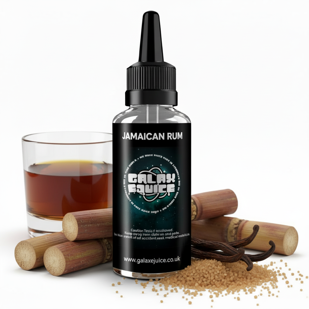 Bottle of Galax-E-Juice Jamaican Rum E-Liquid 100ml Shortfill with rum on a white background