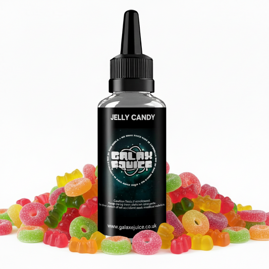 Bottle of Galax-E-Juice Jelly Candy E-Liquid 100ml Shortfill with jelly sweets on a white background