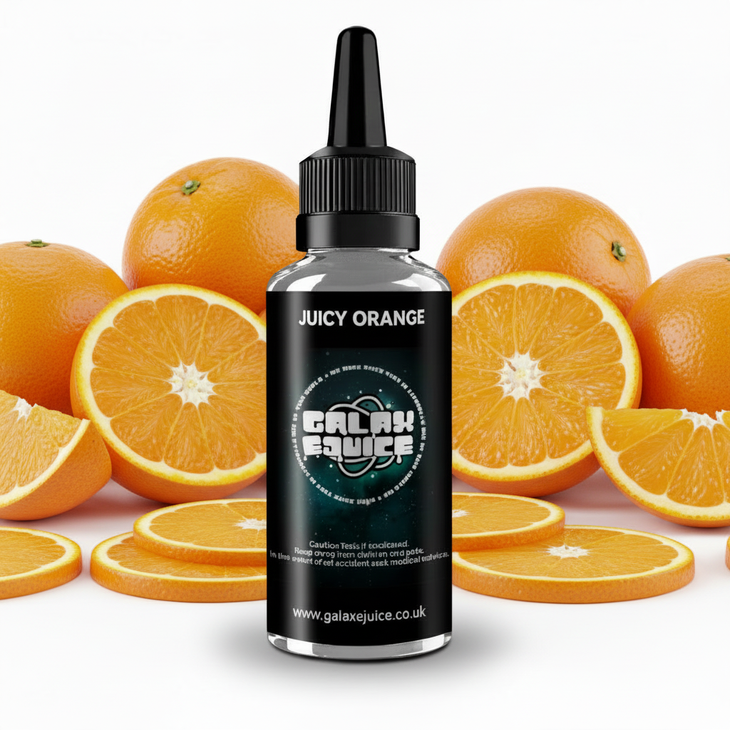 Bottle of Galax-E-Juice Juicy Orange E-Liquid 100ml Shortfill with oranges on a white background