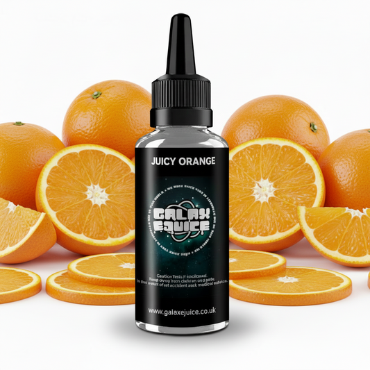Bottle of Galax-E-Juice Juicy Orange E-Liquid 100ml Shortfill with oranges on a white background