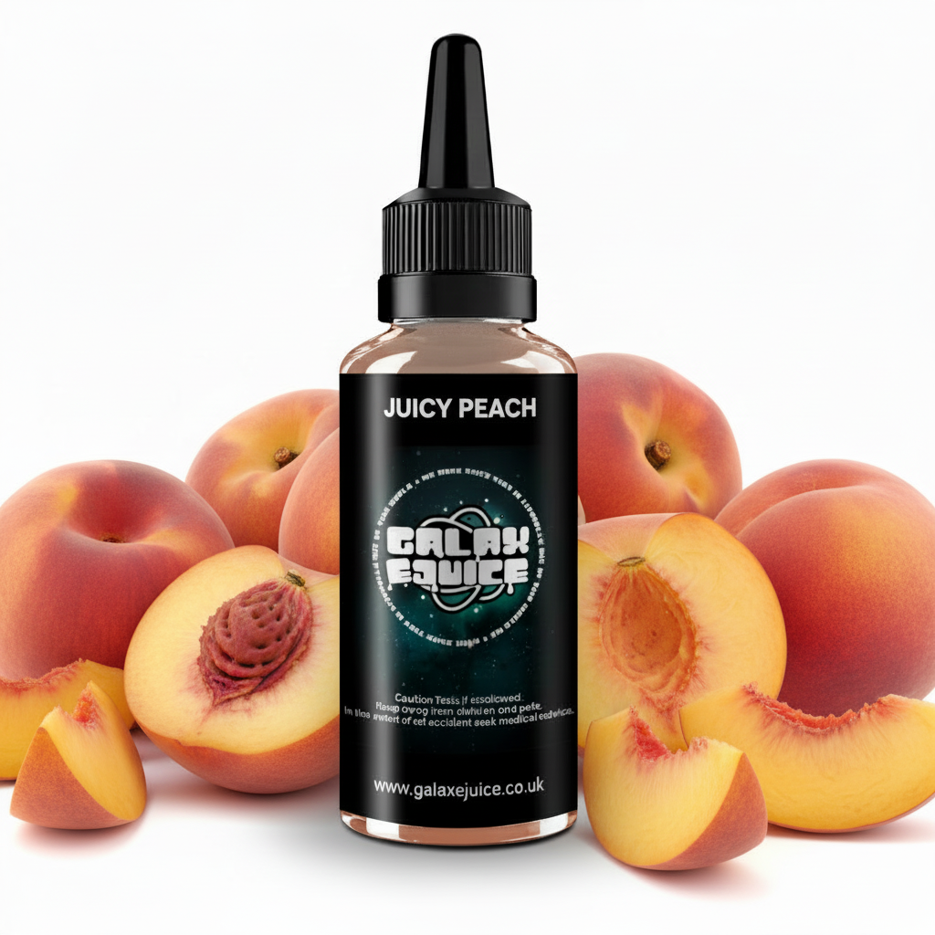Bottle of Galax-E-Juice Juicy Peach E-Liquid 100ml Shortfill with peaches on a white background