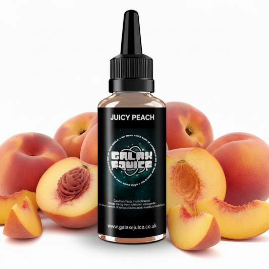 Bottle of Galax-E-Juice Juicy Peach E-Liquid 100ml Shortfill with peaches on a white background