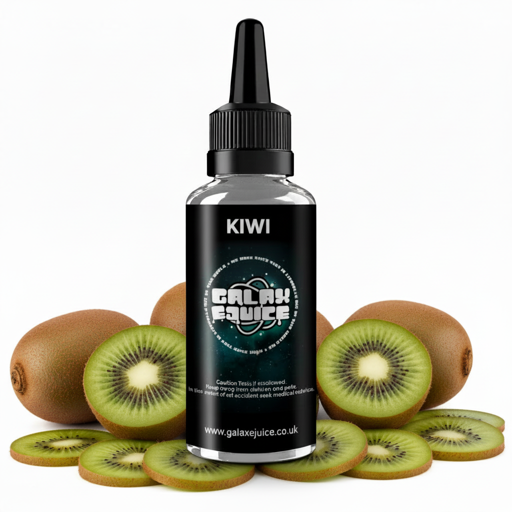Bottle of Galax-E-Juice Kiwi E-Liquid 100ml Shortfill with kiwi fruit on a white background