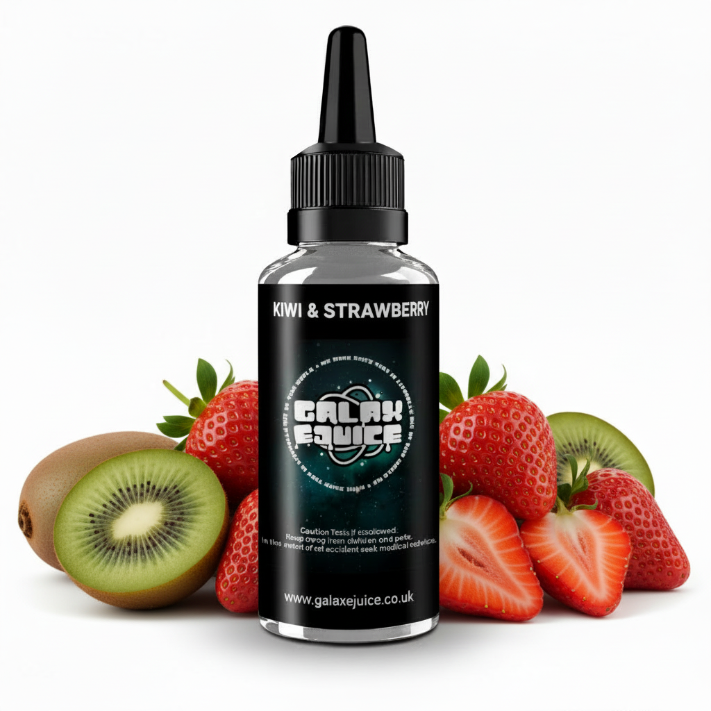 Bottle of Galax-E-Juice Kiwi & Strawberry E-Liquid 100ml Shortfill with kiwi and strawberries on a white background