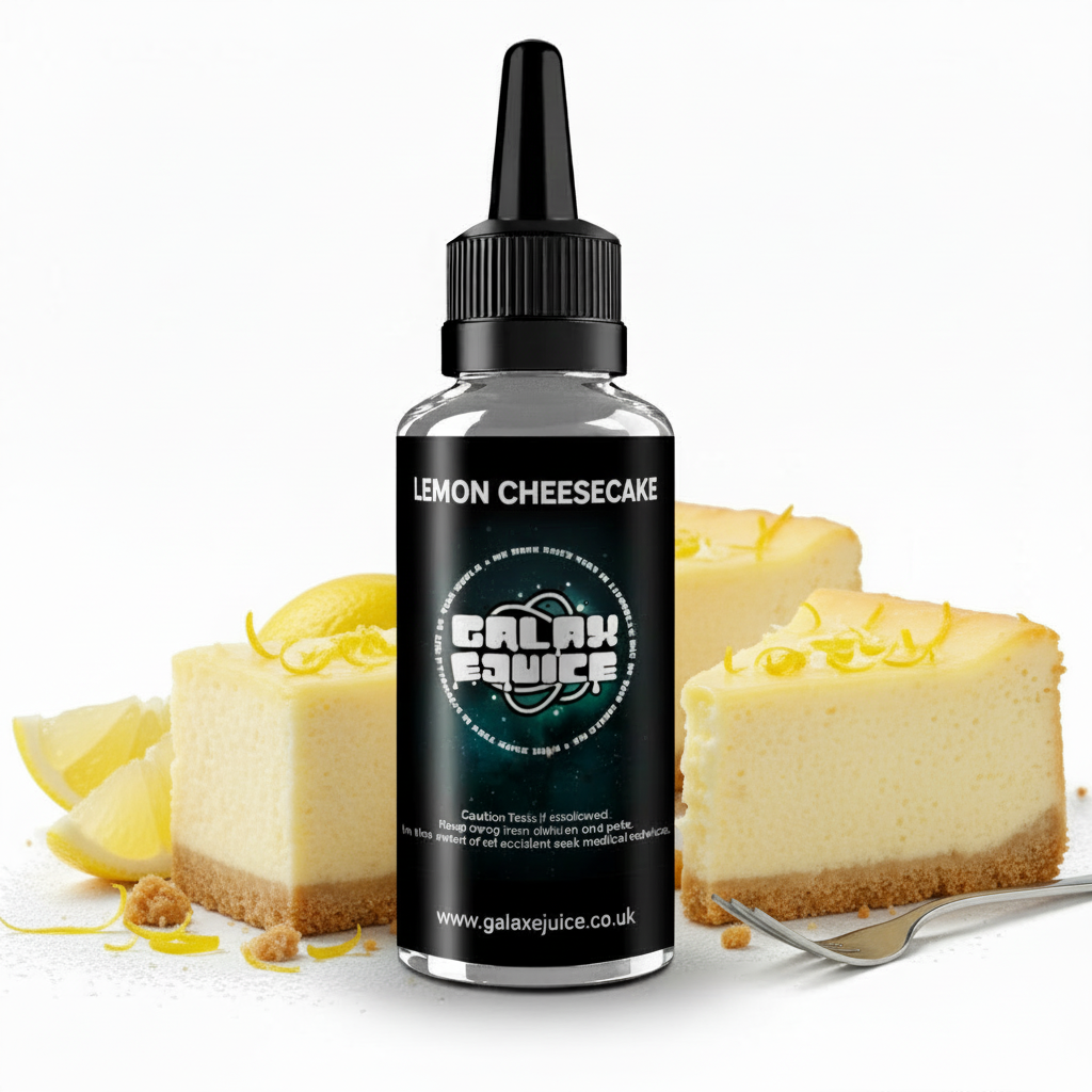 Bottle of Galax-E-Juice Lemon Cheesecake E-Liquid 100ml Shortfill with lemon cheesecake on a white background