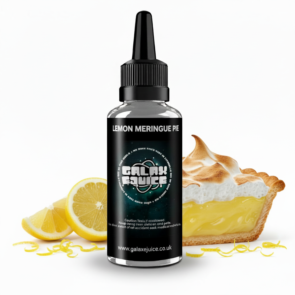 Bottle of Galax-E-Juice Lemon Meringue Pie E-Liquid 100ml Shortfill with lemon meringue pie on a white background