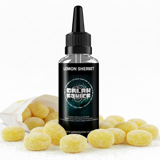 Bottle of Galax-E-Juice Lemon Sherbet E-Liquid 100ml Shortfill with lemon sherbet sweets on a white background
