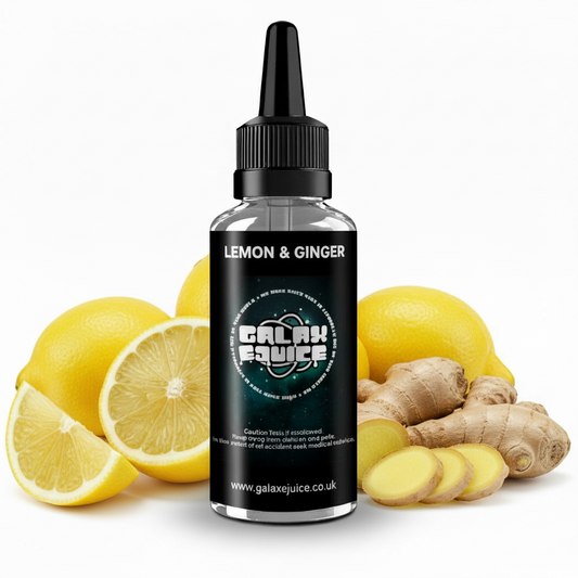 Bottle of Galax-E-Juice Lemon & Ginger E-Liquid 100ml Shortfill with lemon and ginger on a white background