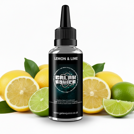 Bottle of Galax-E-Juice Lemon & Lime E-Liquid 100ml Shortfill with lemons and limes on a white background