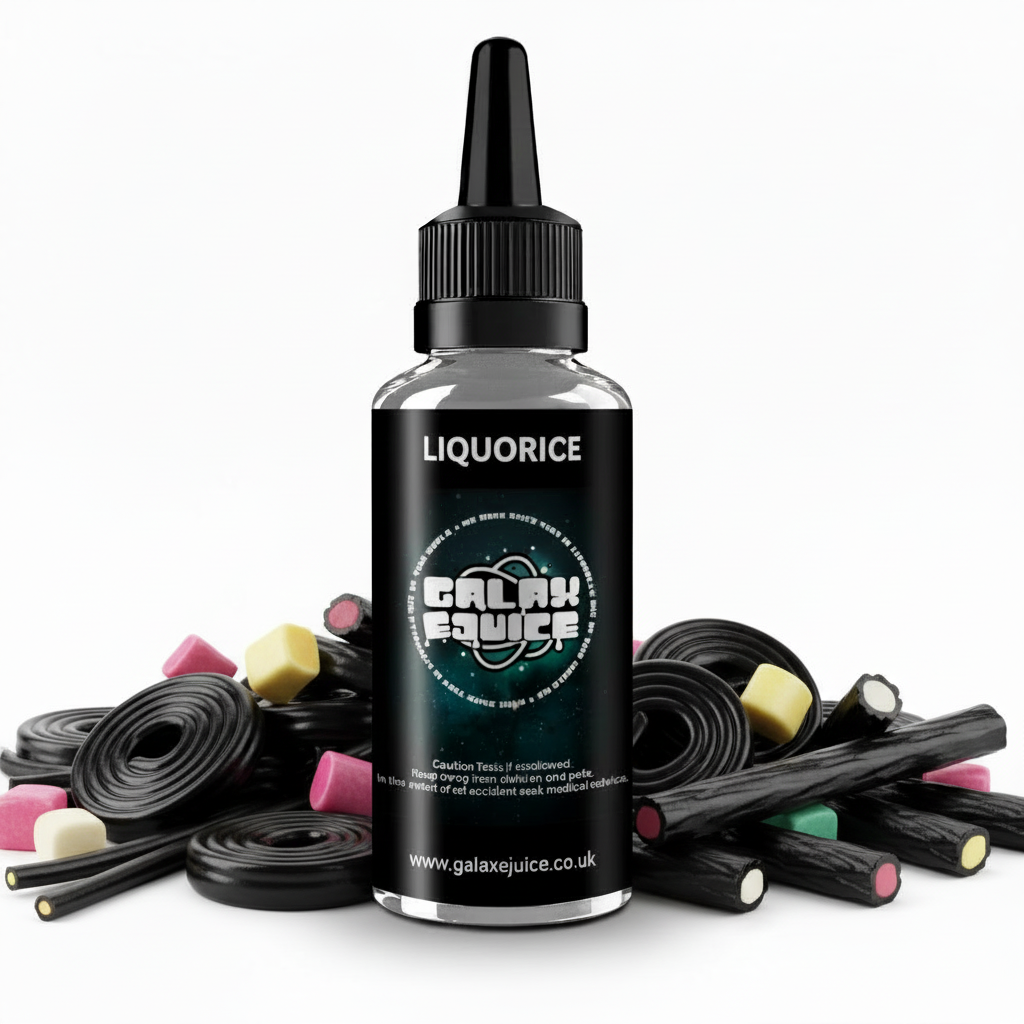 Bottle of Galax-E-Juice Licorice E-Liquid 100ml Shortfill with licorice sweets on a white background