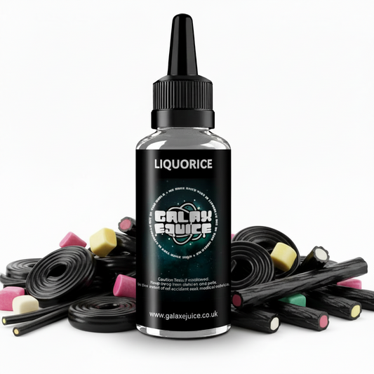 Bottle of Galax-E-Juice Licorice E-Liquid 100ml Shortfill with licorice sweets on a white background
