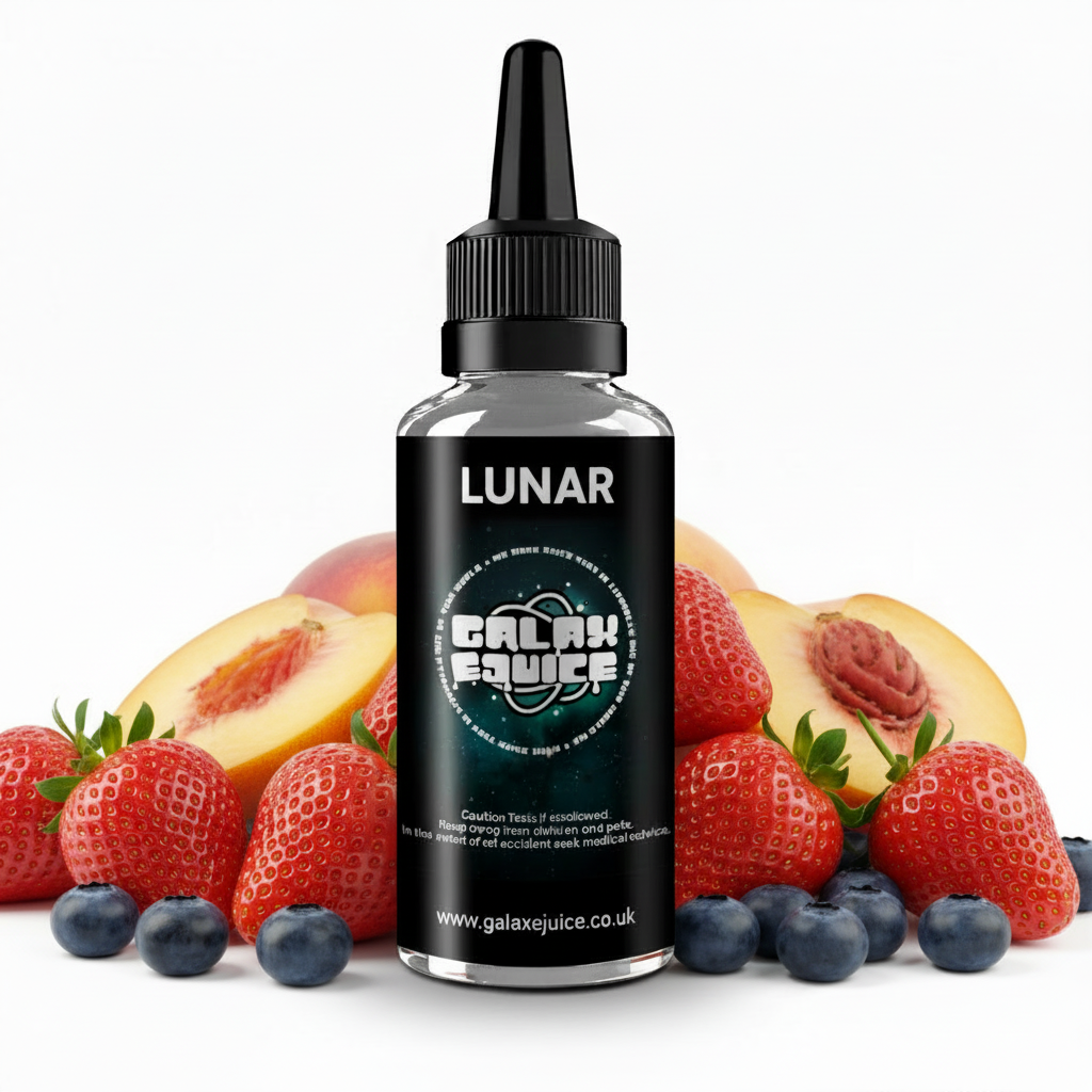 Bottle of Galax-E-Juice Lunar E-Liquid 100ml Shortfill with strawberries, peach and blueberries on a white background