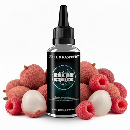 Bottle of Galax-E-Juice Lychee & Raspberry E-Liquid 100ml Shortfill with lychee and raspberries on a white background