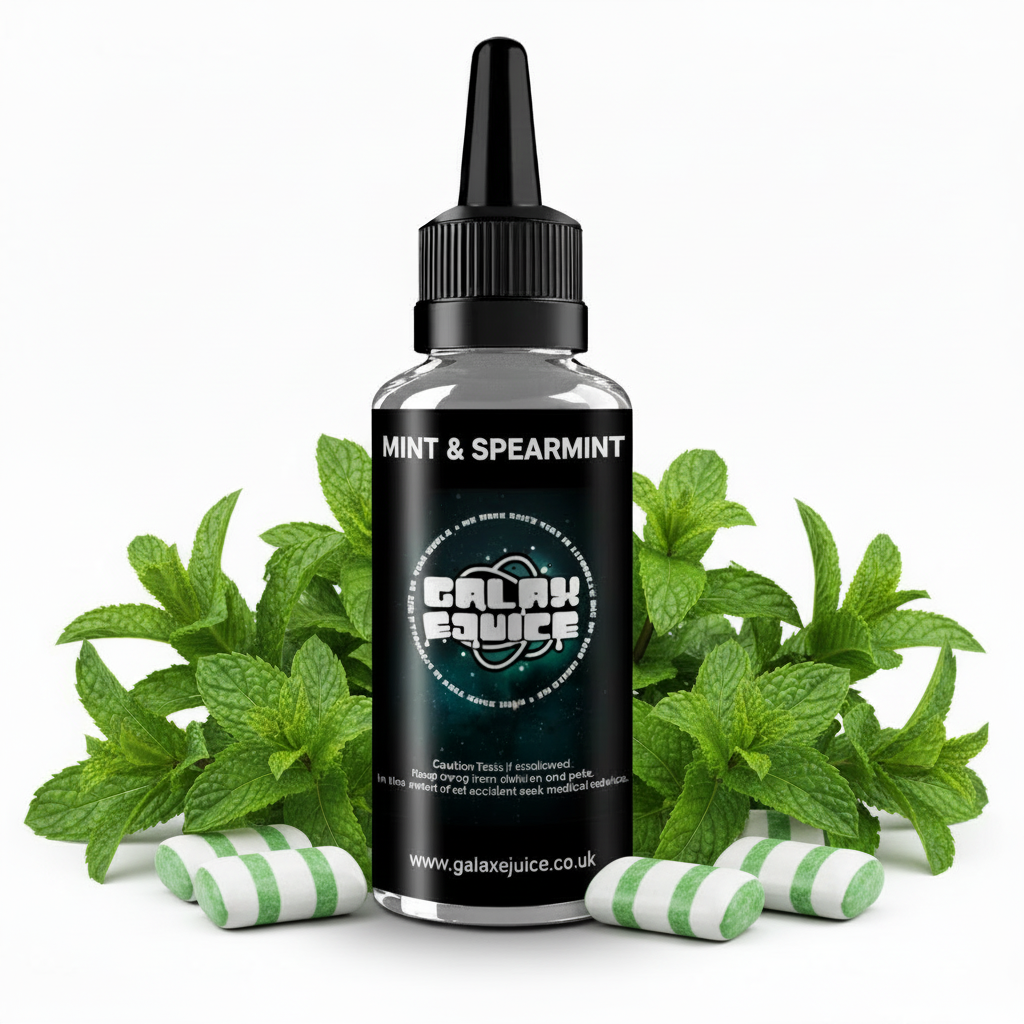 Bottle of Galax-E-Juice Mint & Spearmint E-Liquid 100ml Shortfill with mint and spearmint leaves on a white background
