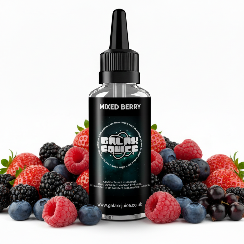 Bottle of Galax-E-Juice Mixed Berry E-Liquid 100ml Shortfill with mixed berries on a white background