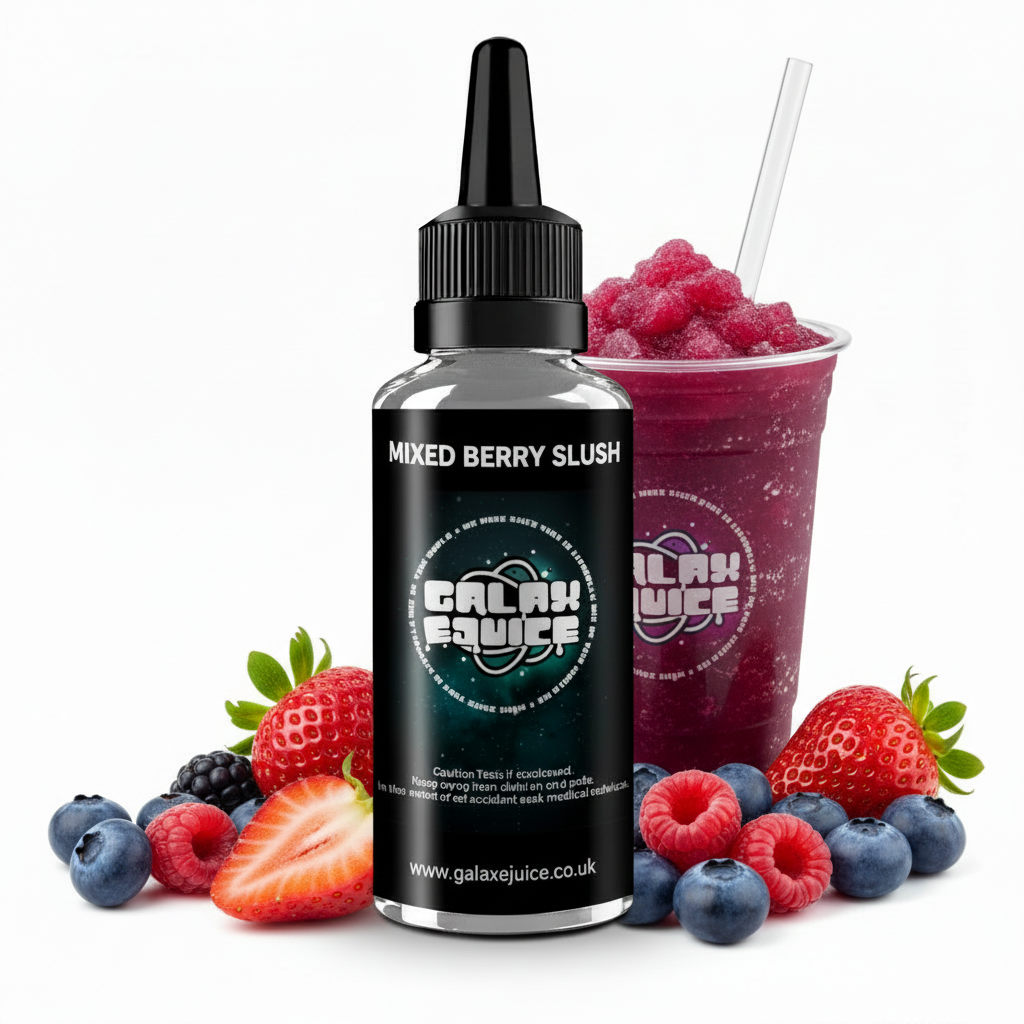 Bottle of Galax-E-Juice Mixed Berry Slush E-Liquid 100ml Shortfill with mixed berries on a white background