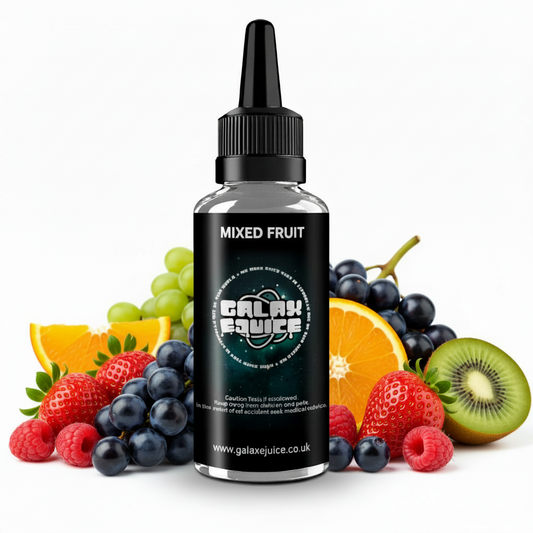 Bottle of Galax-E-Juice Mixed Fruits E-Liquid 100ml Shortfill with mixed fruits on a white background