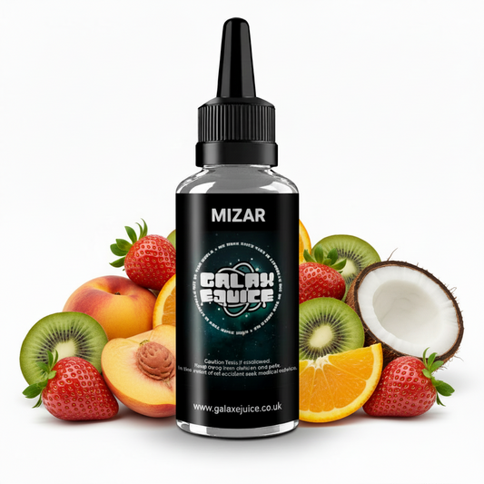 Bottle of Galax-E-Juice Mizar E-Liquid 100ml Shortfill with tropical fruits on a white background