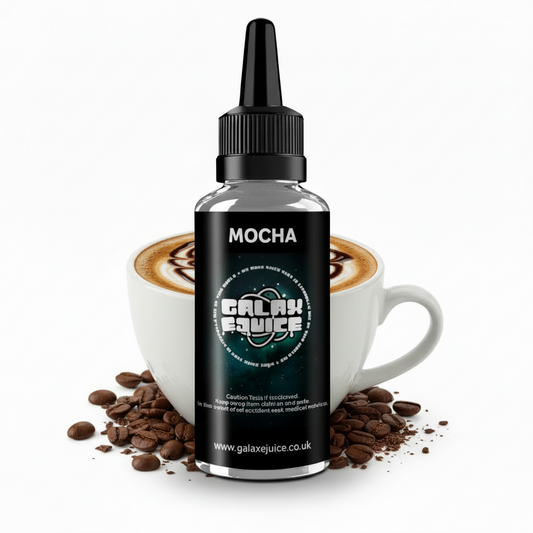 Bottle of Galax-E-Juice Mocha E-Liquid 100ml Shortfill with mocha coffee on a white background