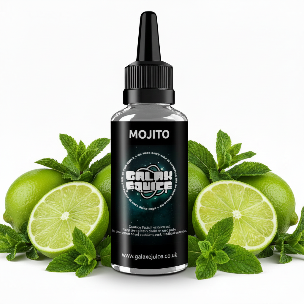 Bottle of Galax-E-Juice Mojito E-Liquid 100ml Shortfill with a mojito cocktail on a white background