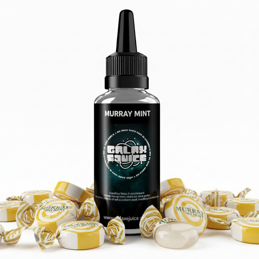 Bottle of Galax-E-Juice Murrie Mint Butter Mint E-Liquid 100ml Shortfill with Murray Mints on a white background