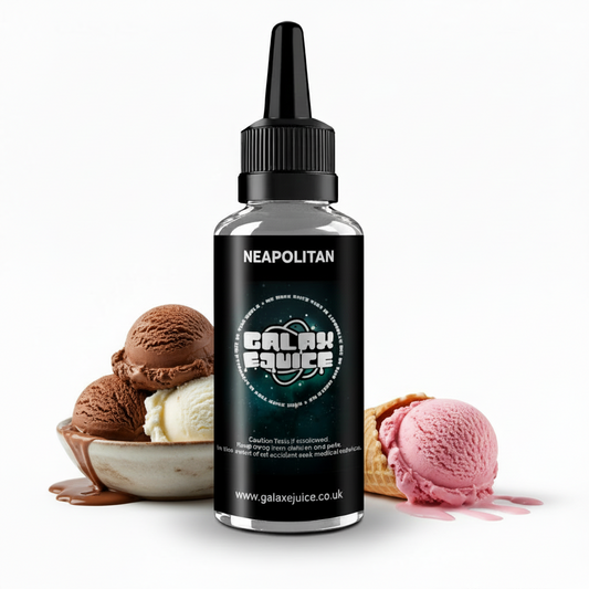 Bottle of Galax-E-Juice Neapolitan Ice Cream E-Liquid 100ml Shortfill with neapolitan ice cream on a white background