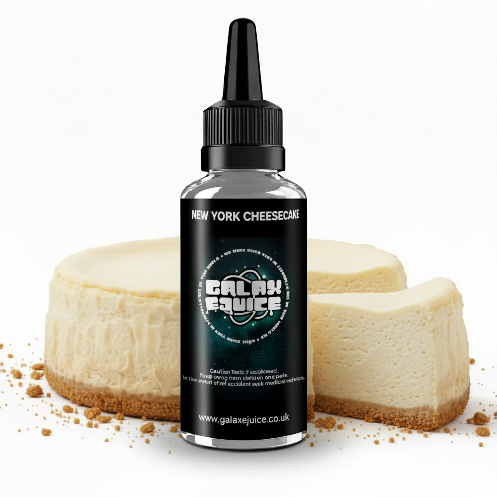 Bottle of Galax-E-Juice New York Cheesecake E-Liquid 100ml Shortfill with cheesecake on a white background