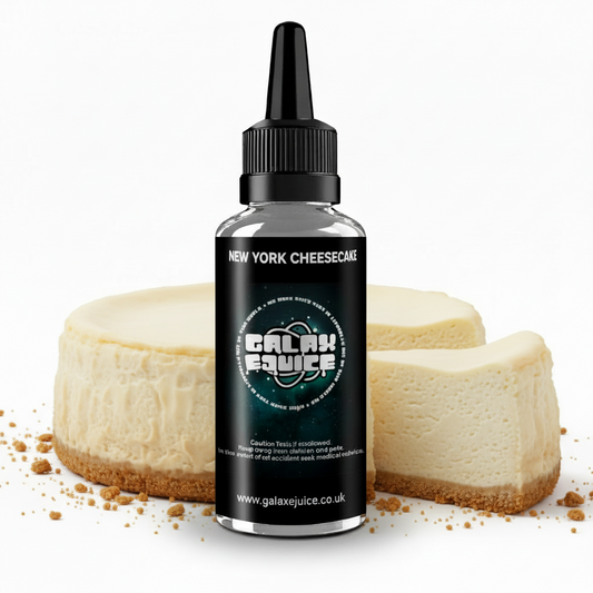 Bottle of Galax-E-Juice New York Cheesecake E-Liquid 100ml Shortfill with cheesecake on a white background