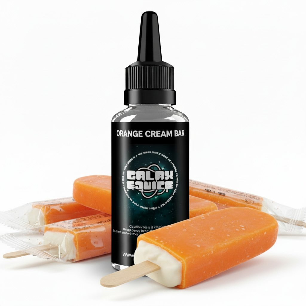 Bottle of Galax-E-Juice Orange Cream Bar E-Liquid 100ml Shortfill with orange cream bars on a white background