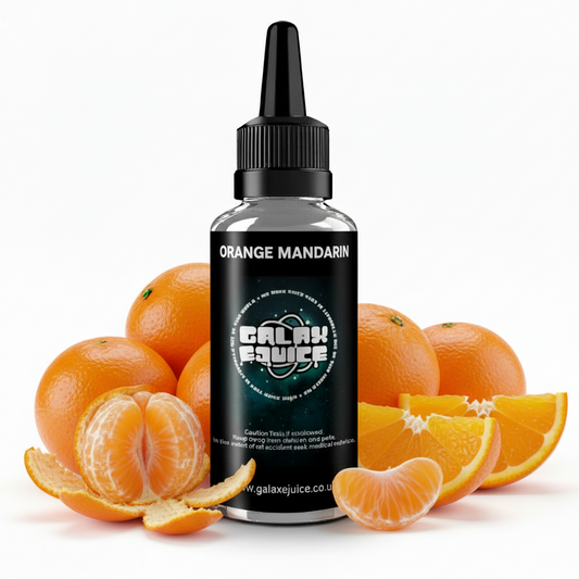 Bottle of Galax-E-Juice Orange Mandarin E-Liquid 100ml Shortfill with oranges and mandarins on a white background