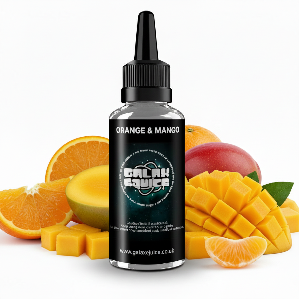 Bottle of Galax-E-Juice Orange & Mango E-Liquid 100ml Shortfill with oranges and mango on a white background