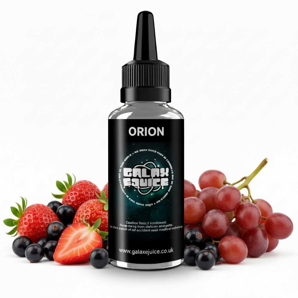 Bottle of Galax-E-Juice Orion E-Liquid 100ml Shortfill with mixed fruits on a white background