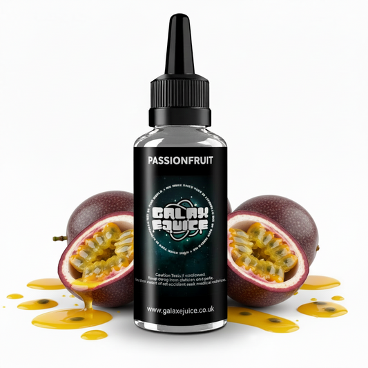 Bottle of Galax-E-Juice Passionfruit E-Liquid 100ml Shortfill with passionfruit on a white background