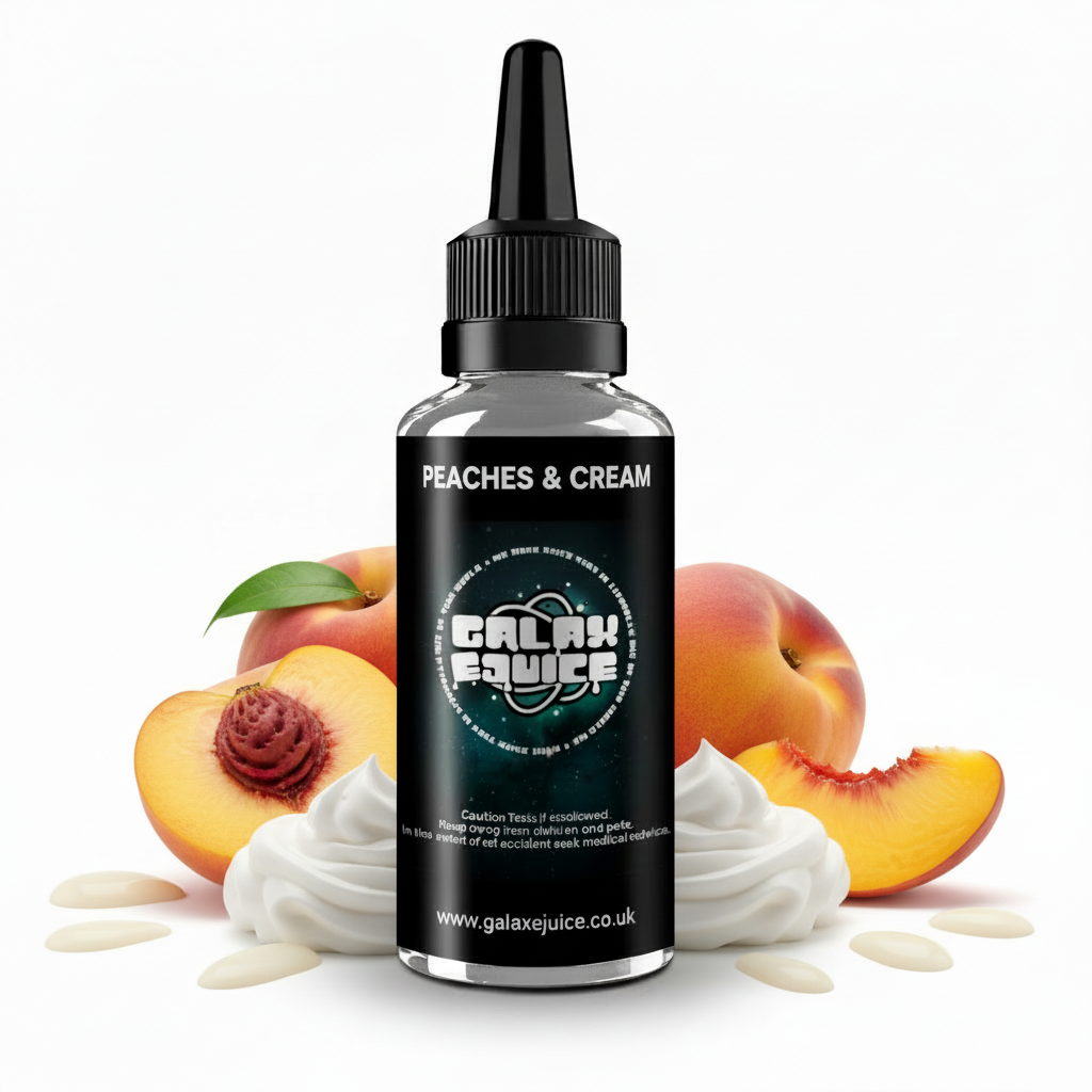 Bottle of Galax-E-Juice Peaches & Cream E-Liquid 100ml Shortfill with peaches and cream on a white background