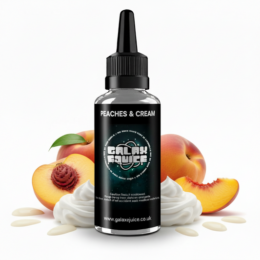 Bottle of Galax-E-Juice Peaches & Cream E-Liquid 100ml Shortfill with peaches and cream on a white background
