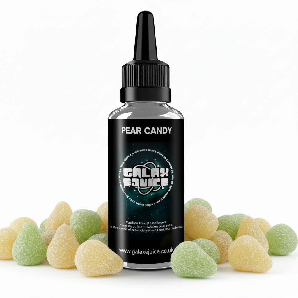 Bottle of Galax-E-Juice Pear Candy E-Liquid 100ml Shortfill with pear drop sweets on a white background