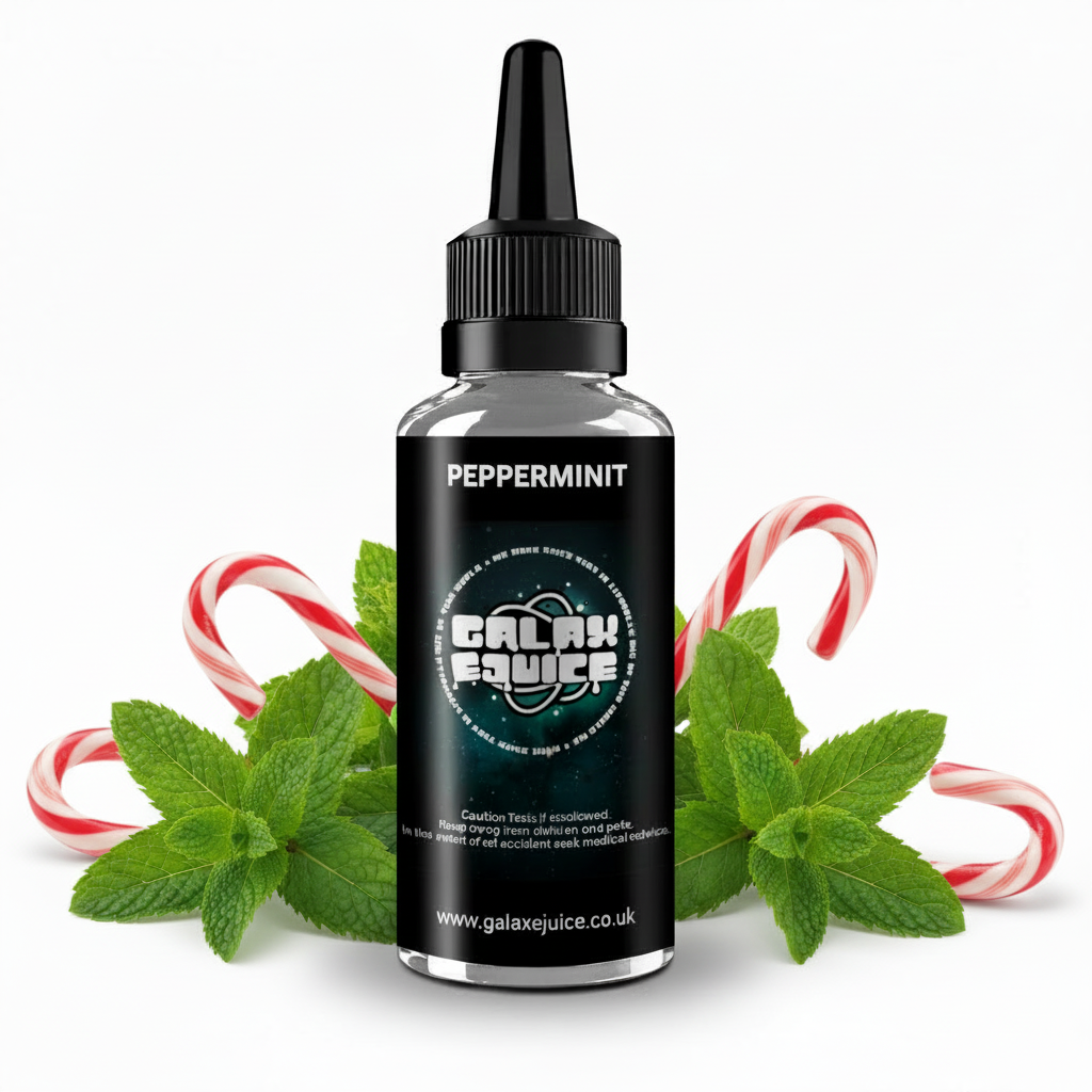 Bottle of Galax-E-Juice Peppermint E-Liquid 100ml Shortfill with peppermint leaves on a white background