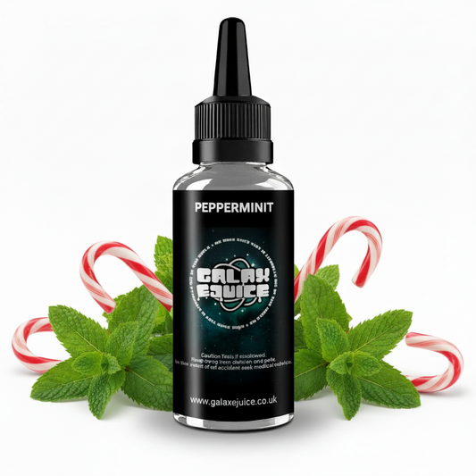 Bottle of Galax-E-Juice Peppermint E-Liquid 100ml Shortfill with peppermint leaves on a white background