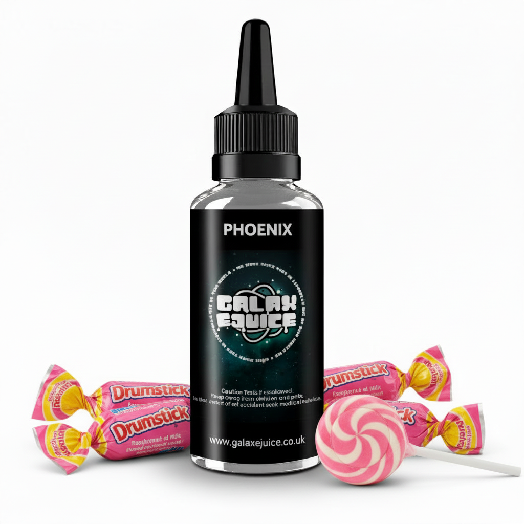 Bottle of Galax-E-Juice Phoenix Drumstick Lolly E-Liquid 100ml Shortfill with drumstick lollies on a white background