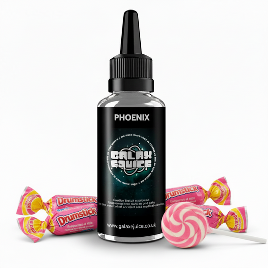 Bottle of Galax-E-Juice Phoenix Drumstick Lolly E-Liquid 100ml Shortfill with drumstick lollies on a white background