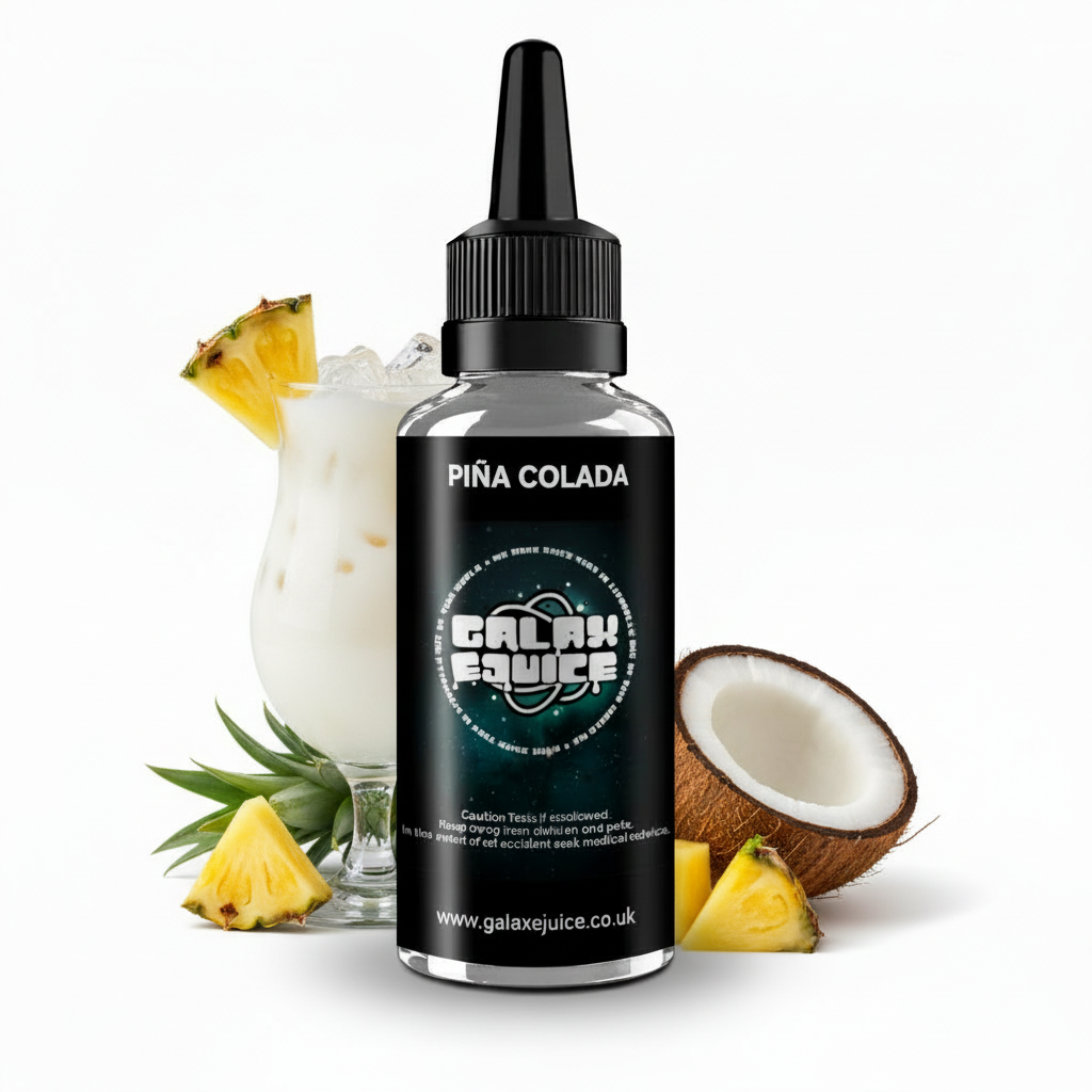 Bottle of Galax-E-Juice Pina Colada E-Liquid 100ml Shortfill with pina colada cocktail on a white background