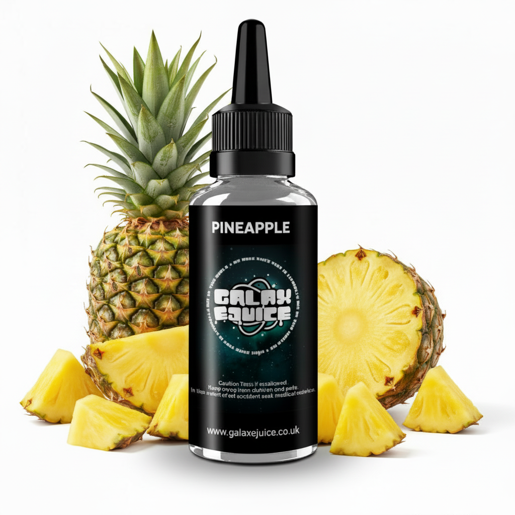 Bottle of Galax-E-Juice Pineapple E-Liquid 100ml Shortfill with pineapple on a white background
