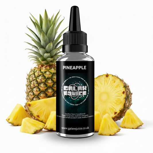 Bottle of Galax-E-Juice Pineapple E-Liquid 100ml Shortfill with pineapple on a white background