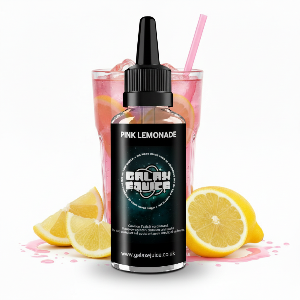 Bottle of Galax-E-Juice Pink Lemonade E-Liquid 100ml Shortfill with pink lemonade on a white background