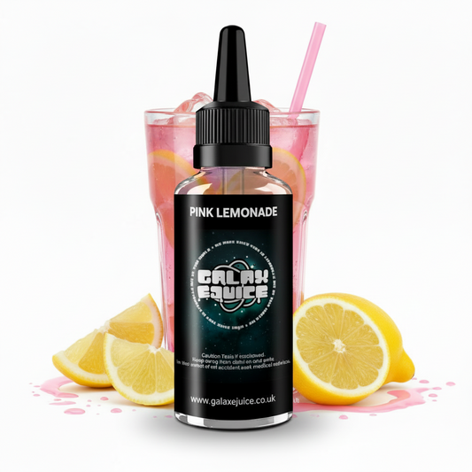 Bottle of Galax-E-Juice Pink Lemonade E-Liquid 100ml Shortfill with pink lemonade on a white background