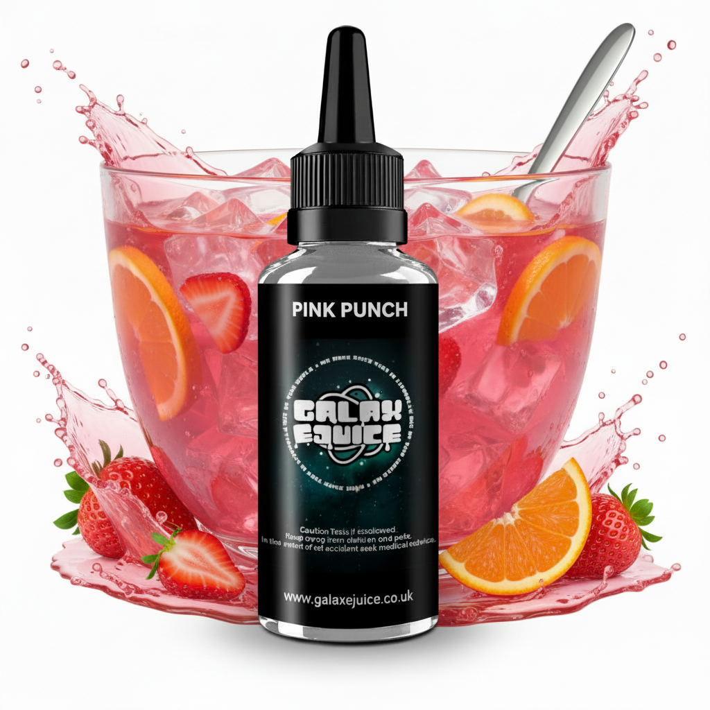 Bottle of Galax-E-Juice Pink Punch E-Liquid 100ml Shortfill with pink punch drink on a white background