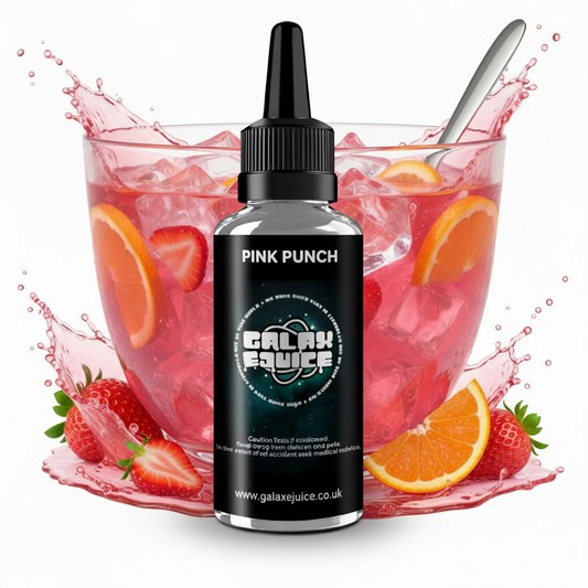 Bottle of Galax-E-Juice Pink Punch E-Liquid 100ml Shortfill with pink punch drink on a white background